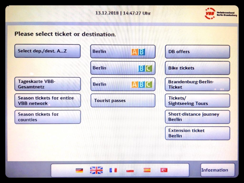 ベルリン自動券売機の英語画面